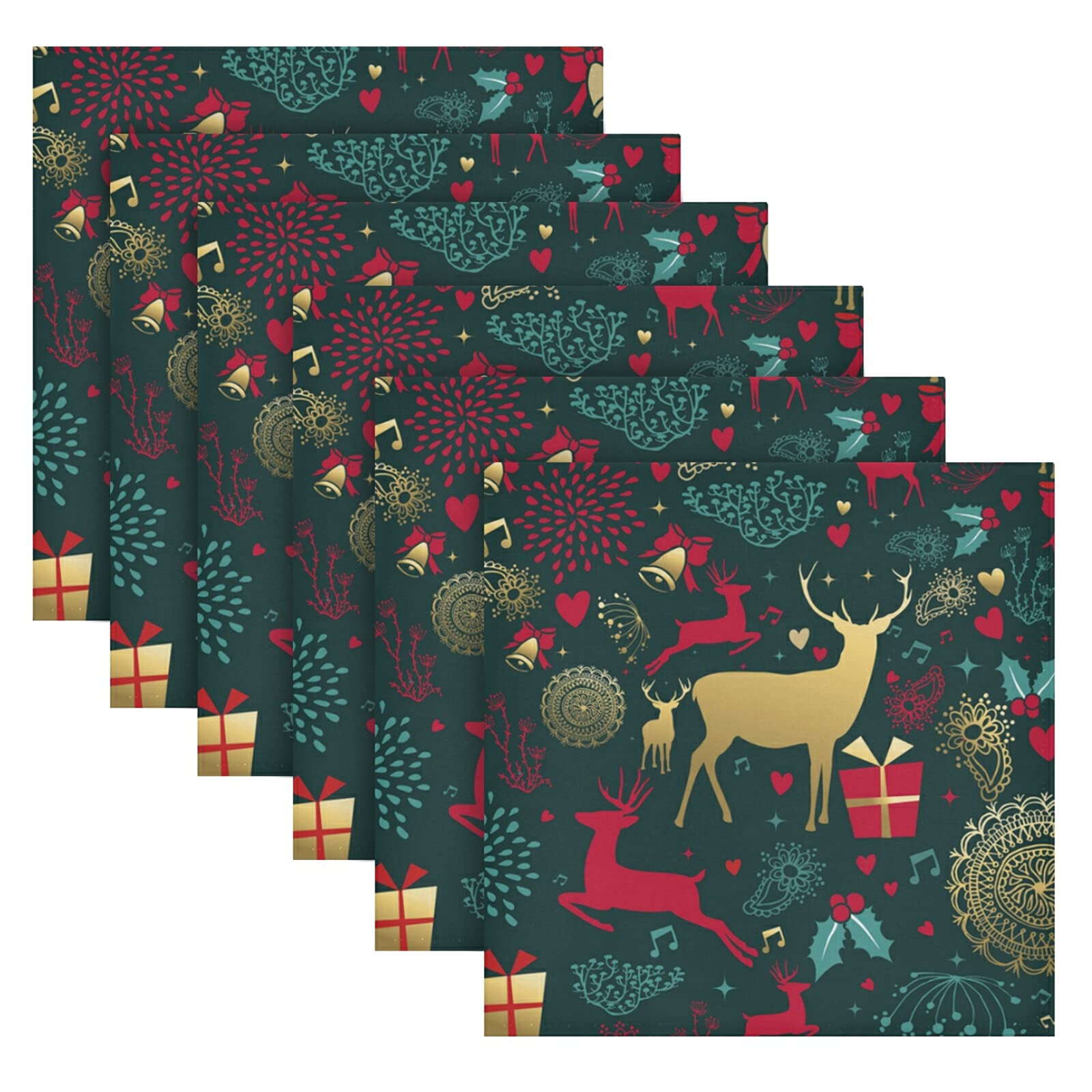 Christmas Cloth Napkin Christmas Reindeer Cloth Napkin Set of 6 Washable Reusable Polyester Table Napkins for Family Dinner, Party, Holiday