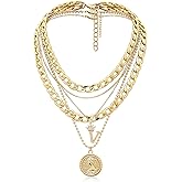 MJartoria Layered Necklaces for Women Trendy Retro Coin Crown Letter Pendant Necklace Dainty Chunky Chain Choker Necklaces for Jewelry Birthday Gifts