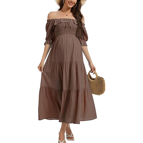 Summer Boho Off Shoulder Maternity Dresses, Long Sleeve Side Split Flowy  Tiered Maxi Dress for Baby Shower Photoshoot Dress Blue S at Amazon Women's  Clothing store