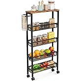 AZERPIAN Slim Rolling Cart 5 Tier Narrow Storage Cart on Wheels with MDF Board Top and Metal Handle for Small Space Kitchen Living Room Home Office Pantry Bathroom Laundry (16.38 x 5.12 x 39.17 inch)