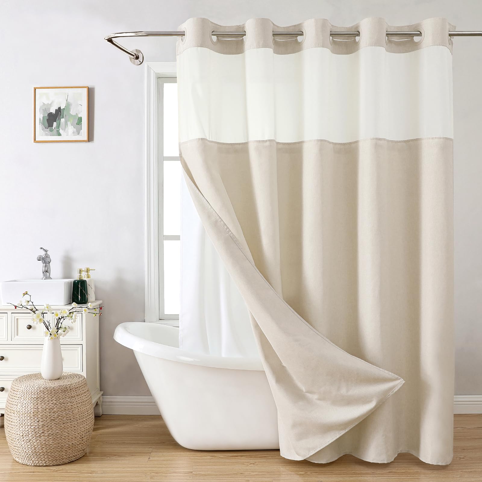 Photo 1 of eachope Long No Hooks Needed Linen Textured Shower Curtain with Snap-in Fabric Liner Set,Cream Hotel Luxury Decor Shower Curtains for Bathroom,Waterproof & Washable,71Wx80H