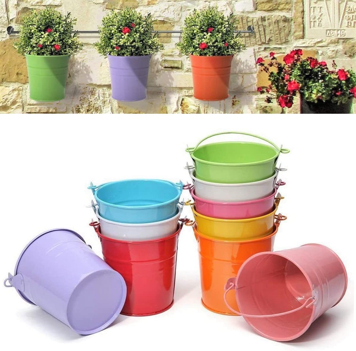 LATERN 12Pcs MINI Metal Hanging Flower Pots, 6CM Small Plant Pots Hanging Flower Bucket with Detachable Handle for Balcony Fence Garden Home Decor (12 Colors)