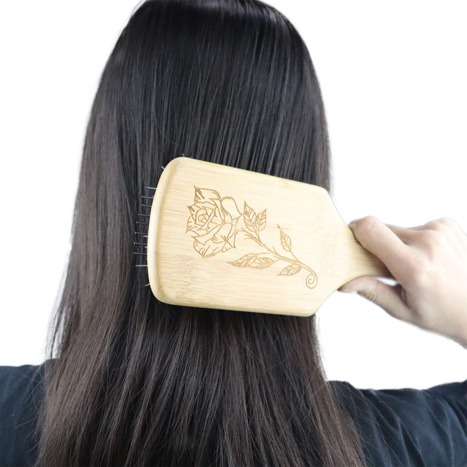 Greuame Hair Brush-Natural Bamboo Wooden Paddle with Ball-Tipped Bristles Detangle Brush for Women, Men and Kids All Hair Types, Massage Scalp Reduce Frizz Improve Hair Texture