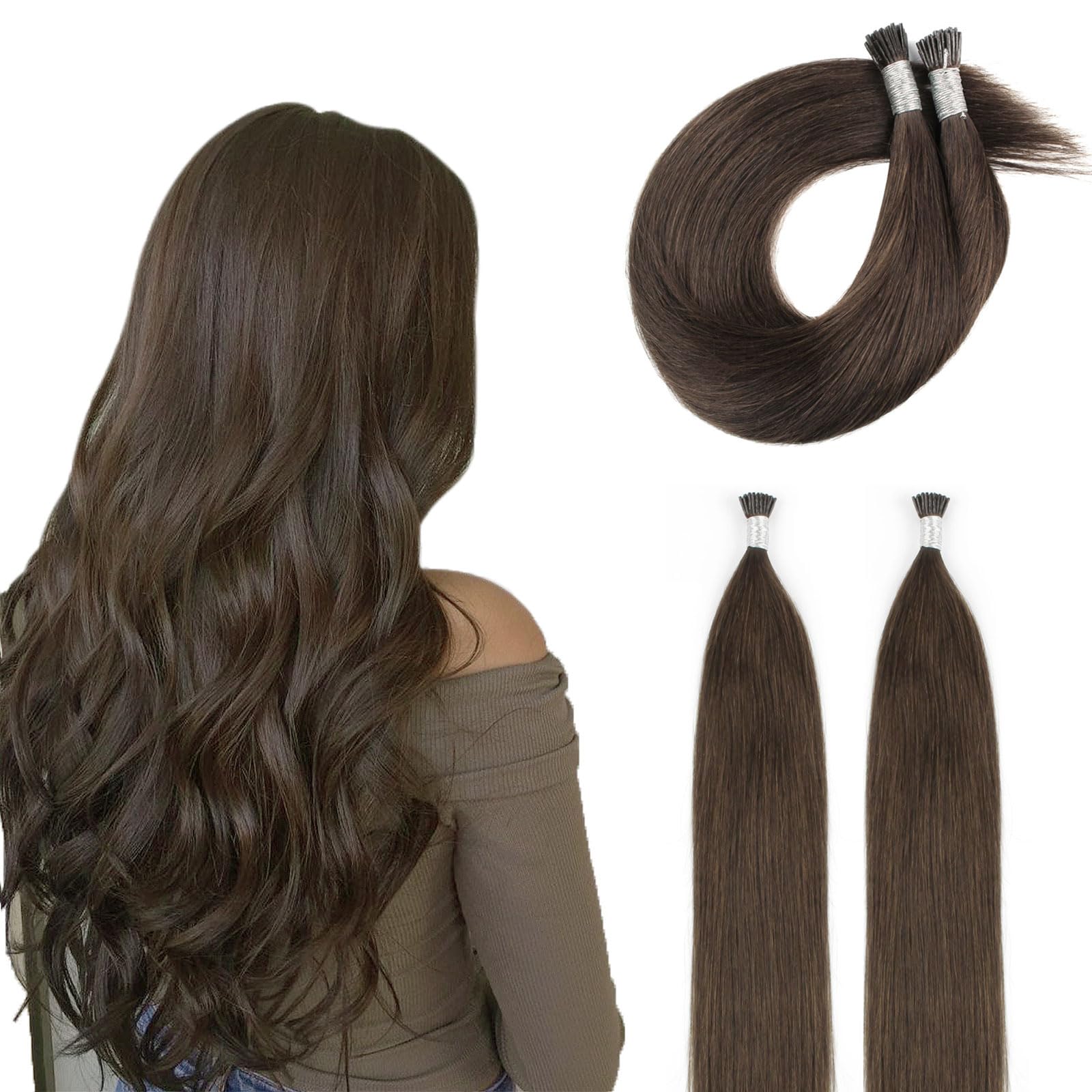 ABH AMAZINGBEAUTY HAIR I-tip Hair Extensions Human Hair Chocolate Brown Color 4 Real Human Hair I Tip Extensions 50 Grams 50 Strands Silky Straight Cold Fusion Hair Extensions Human Hair 22inch