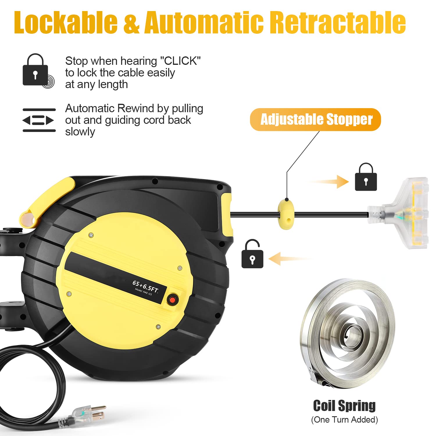 Homdox 65 FT Extension Cord Reel, 14 AWG Retractable Power Cord Reel, Ceiling/Wall Mount Electric Reel for Large Garage, 3 Outlets, 13A Circuit Breaker, UL Listed