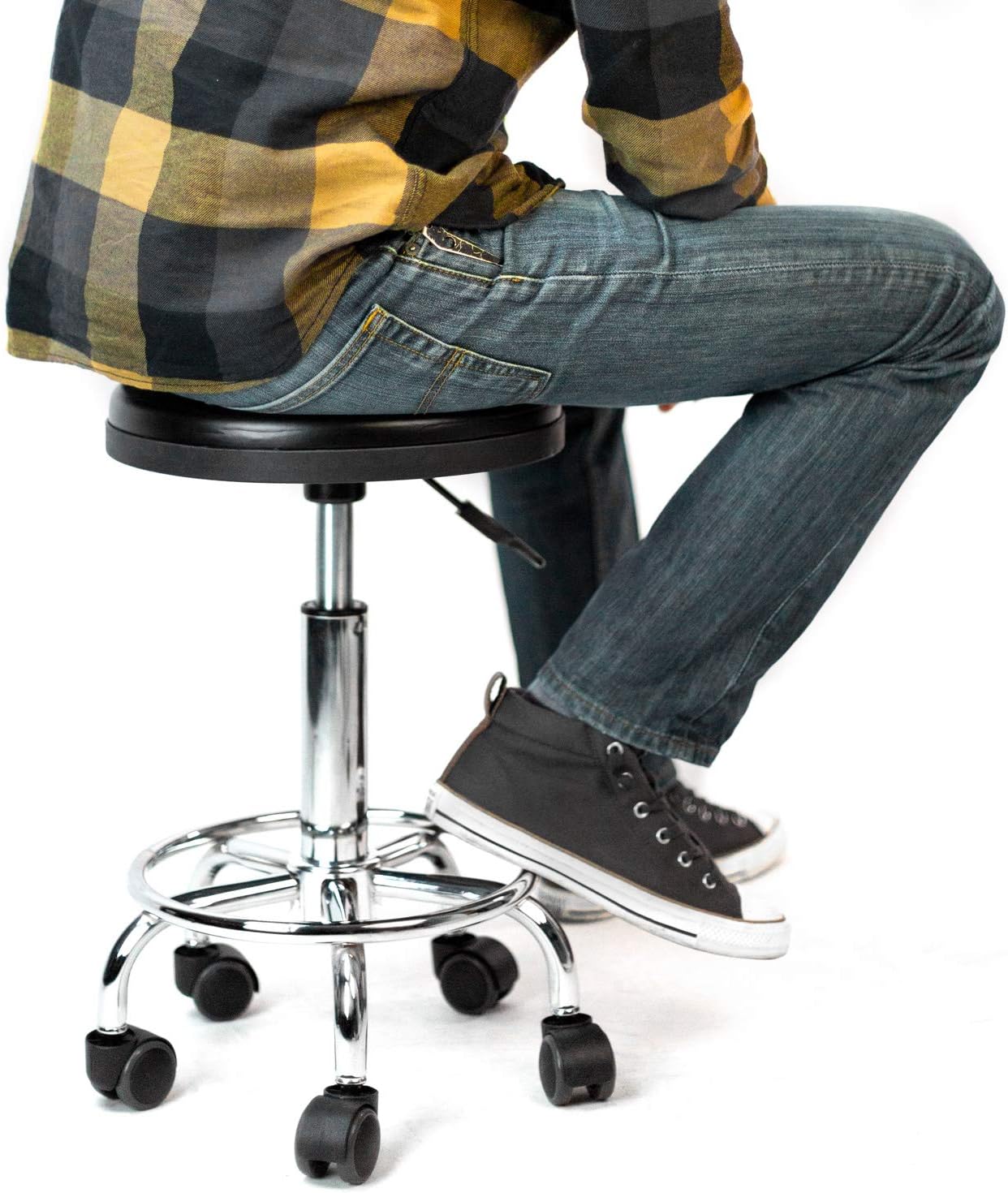 MOUNT-IT! Adjustable Stool with Wheels [Leather Round Cushion] Backless Rolling Doctor Stools, Hydraulic Swivel Chair for Spa, Salon, Medical Office, Tattoo, Home, Car Shop, Massage (Black): Furniture & Decor