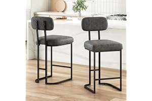 Counter Height Bar Stools, Bar Stools Set of 2 for Kitchen Counter, Stationary Gray Faux Leather Counter Stool with Metal Fra