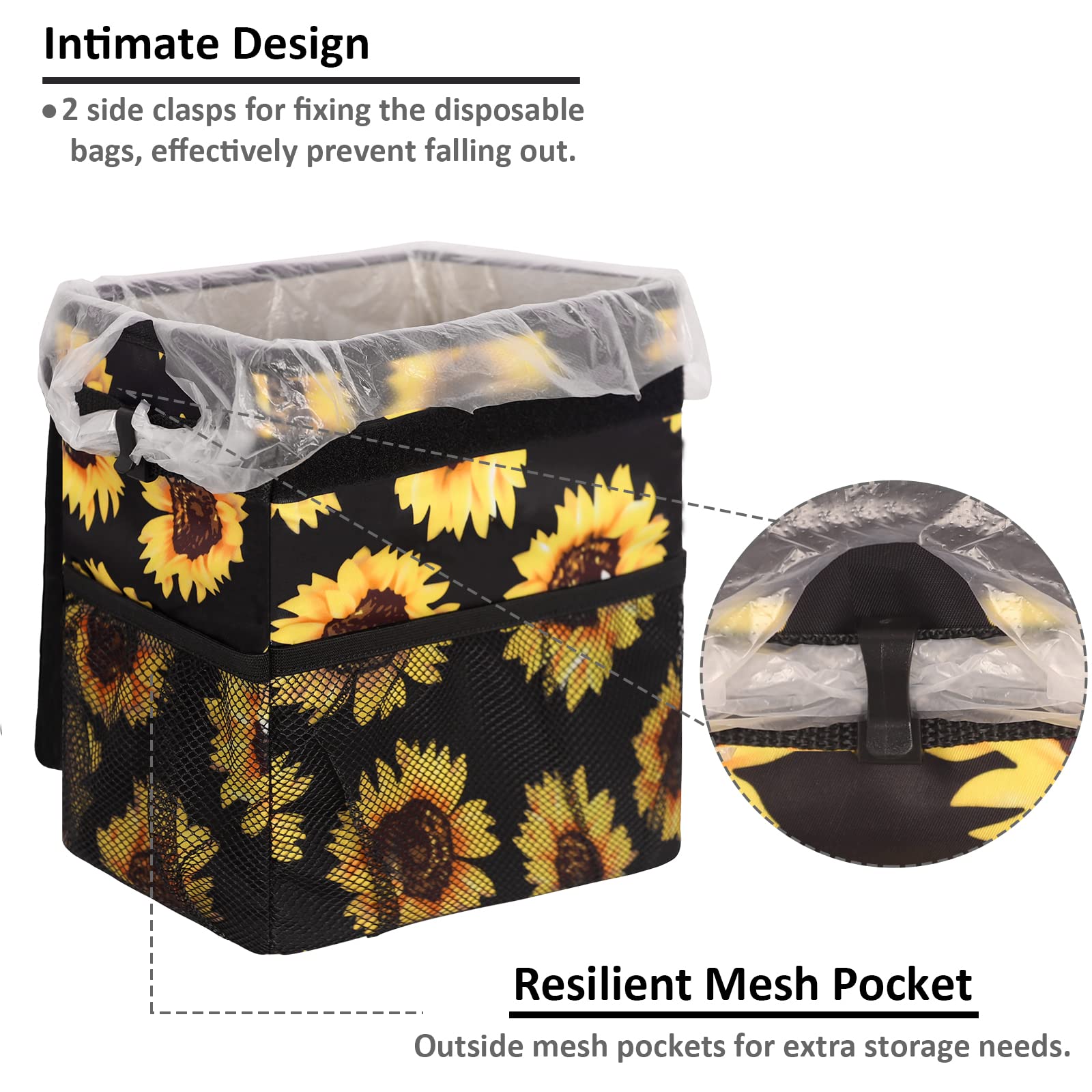 Vankor Cute Trash Can for Automotive Car, Trash Bag Bin Hanging Waterproof Leak Proof Vehicle Garbage Cans Sunflower