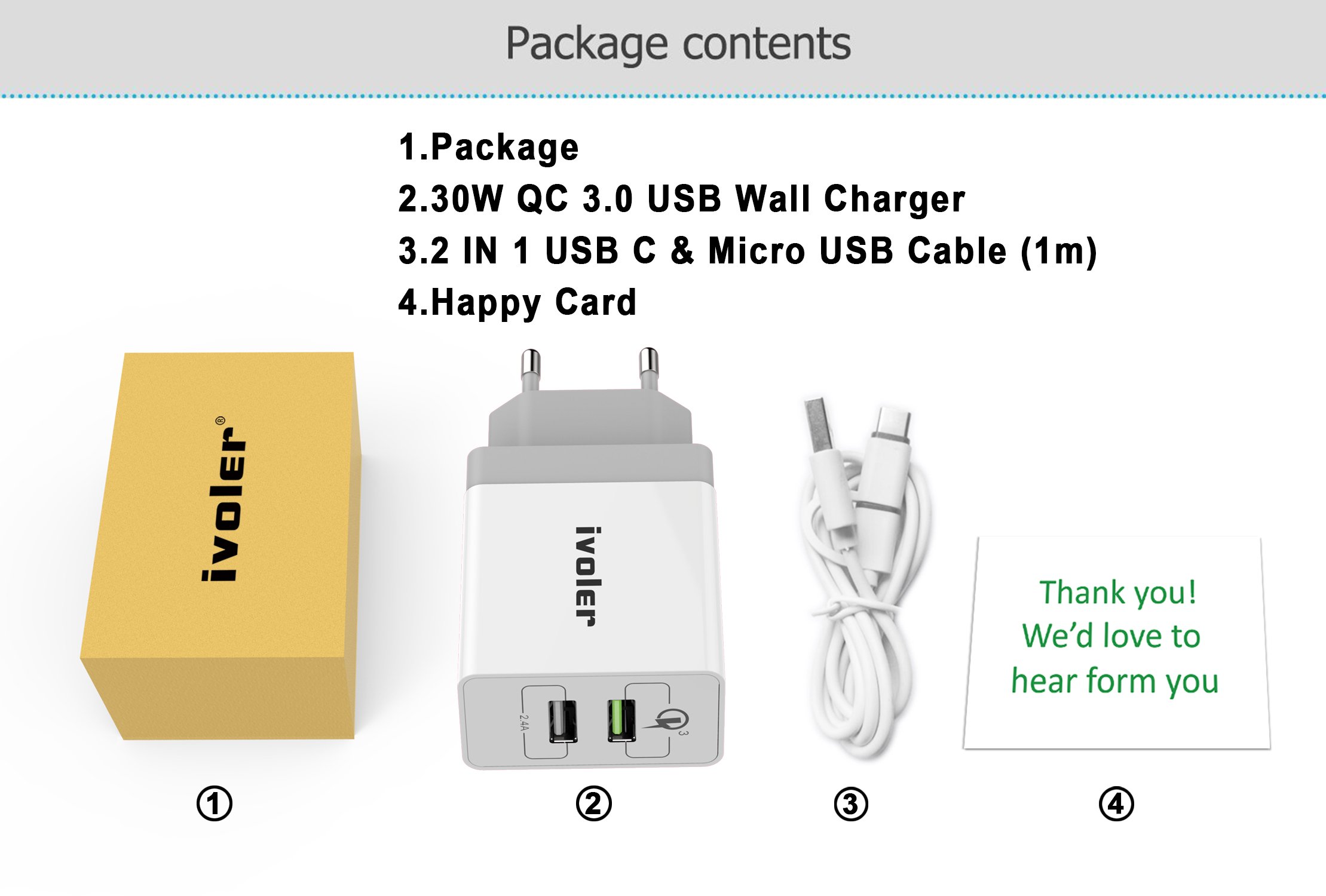 iVoler Quick Charge 3.0 USB C 30W 2-Port USB Wand Ladegerät [QC 3.0 + Qsmart Port 5V /2.4A] Reise Adapter Ladeadapter Charger Ladestecker Netzteil mit 2-in-1 Micro USB & Type C Kabel für Samsung Galaxy S9/S9+/S8/S8+/S7/S7 Edge/S6/S6 Edge/Ed