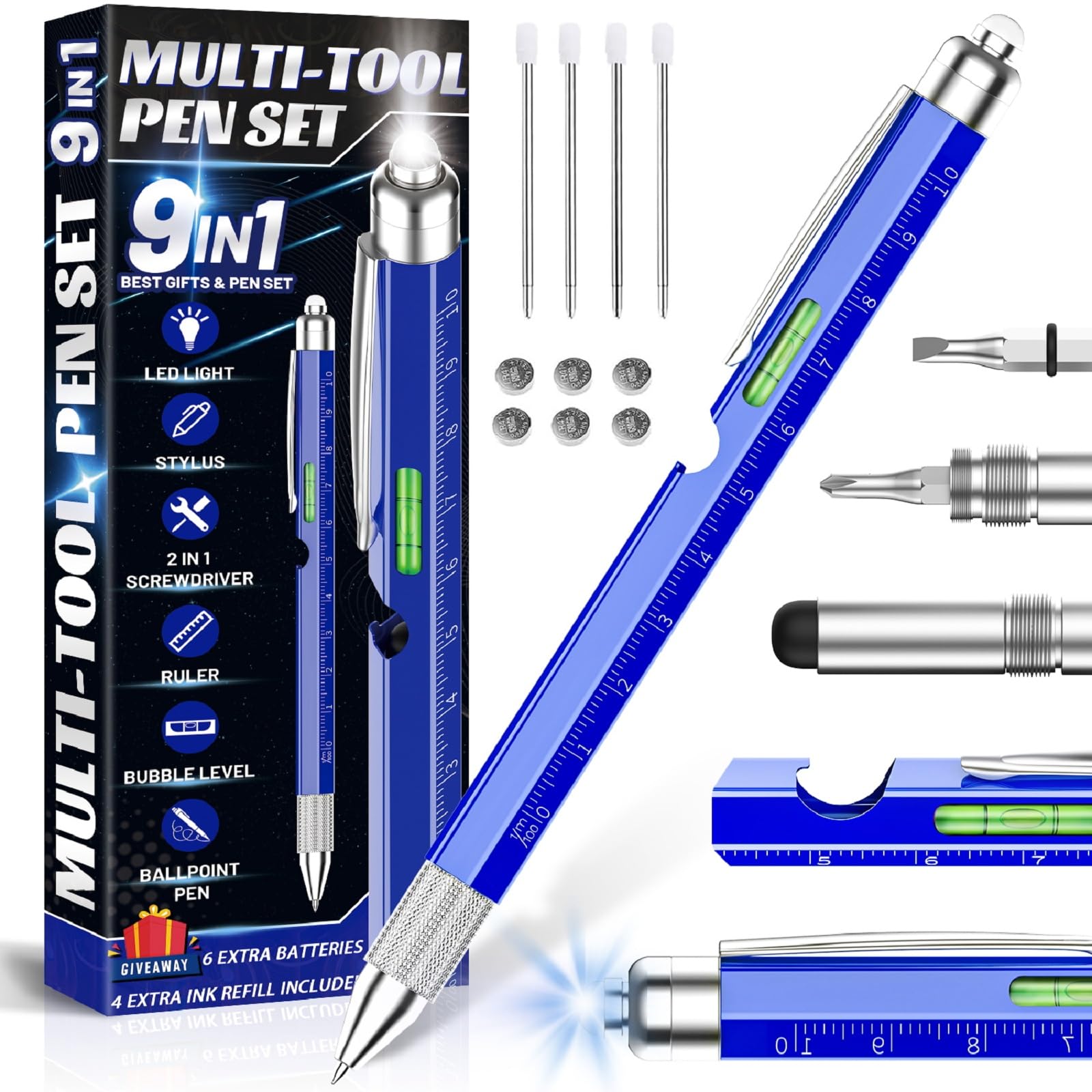 Photo 1 of NADRQQE Novelty 9 in 1 Pens Gift for Men and Women, EDC Multi-Tool Pen Unique Gadget as Christmas, Valetentine's Day, Father' Day, Birthday Pens Gifts for Dad, Boyfriends (Blue)