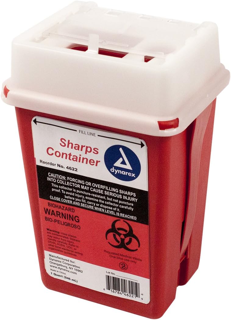 Dynarex Sharps Container - Biohazard Phlebotomy Needle Disposable - Puncture Resistant - One Handed Use - 1 Quart: Health & Personal Care