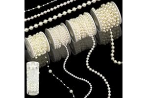FULZTEY 4 Rolls 75 Feet Pearls Bead Ribbon Ivory Artificial Pearl String for DIY Crafts,3+8mm,4mm,6mm,8mm Bead Garland Faux Pearl Bead Chain for Christmas Valentine Wedding Party Decoration