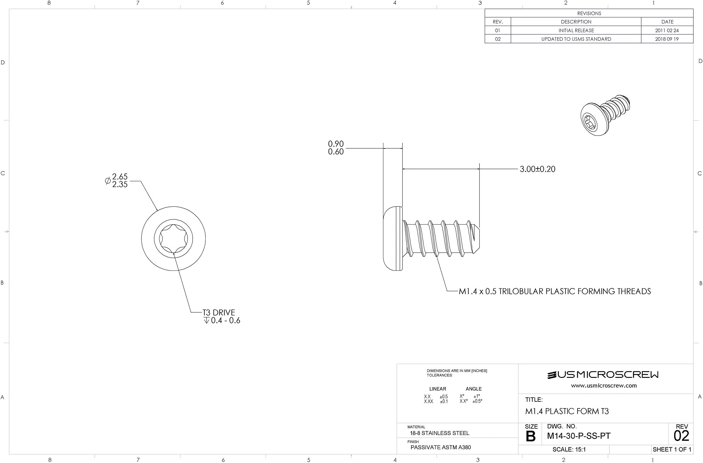M1.4 X 3mm Plastic Thread Forming Screw Stainless Steel Pan Head 6-Lobe Drive (100 Pcs) - M14-30-P-SS-PT
