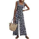 LUXVEER Women's Smocked Jumpsuits Casual Loose Sleeveless Wide Leg Long Pant Rompers Dressy One Piece Beach Vacation Outfits