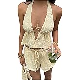 MakeMeChic Women's Summer 2 Piece Sets Striped Open Back Halter Tank Top Boxer Shorts Set