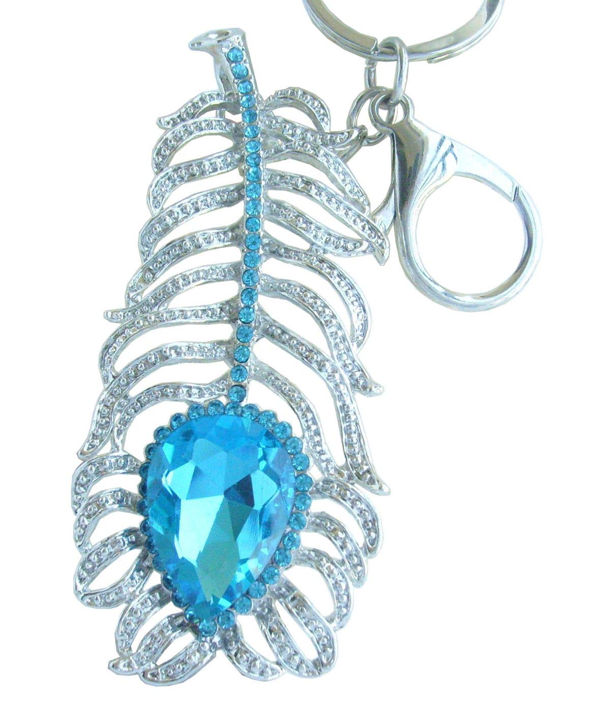 Sindary Elegant Peacock Feather Keychain Pendant Rhinestone Crystal UKZ5102 (Silver-Tone Lake Blue)