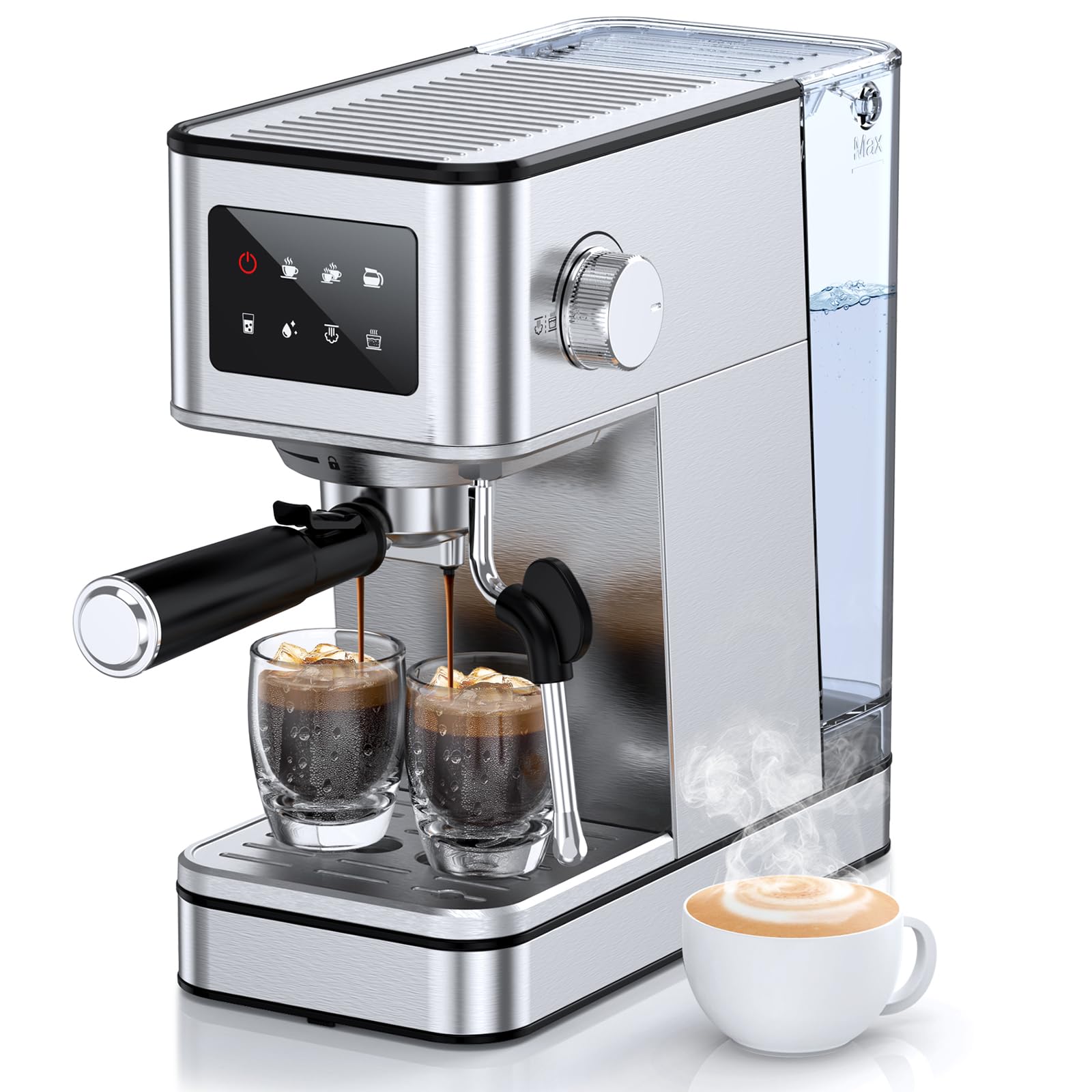 Photo 1 of QJA Espresso Machine with Milk Frother, 20 Bar Compact Coffee Machine with Touch Screen & 57.5oz Removable Water Tank for Home, Stainless Steel Espresso Maker for Cappuccino, Latte, Silver(updated)
