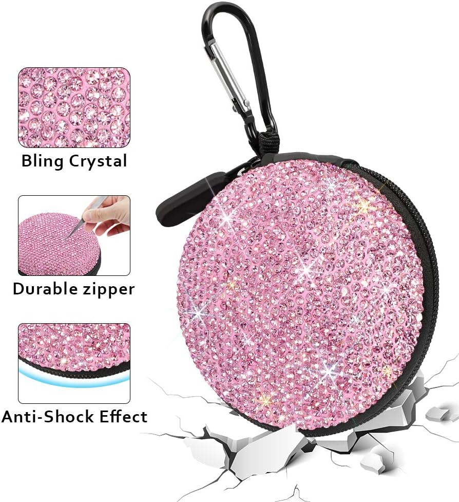 SAVORI Carrying Headphone Case Bag Small Earbud Case Bling Rhinestone Crystal Mini Portable Earphone Storage Bag Pouch for Earset & Mini Items with Carabiner (Pink) - Image 3