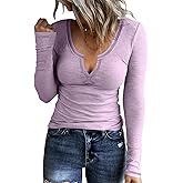 KINLONSAIR Women Casual Long Sleeve Tunic V-Neck Slim Fit T Shirts Basic Tee Tops Crew Neck Ribbed Knit Solid Shirt