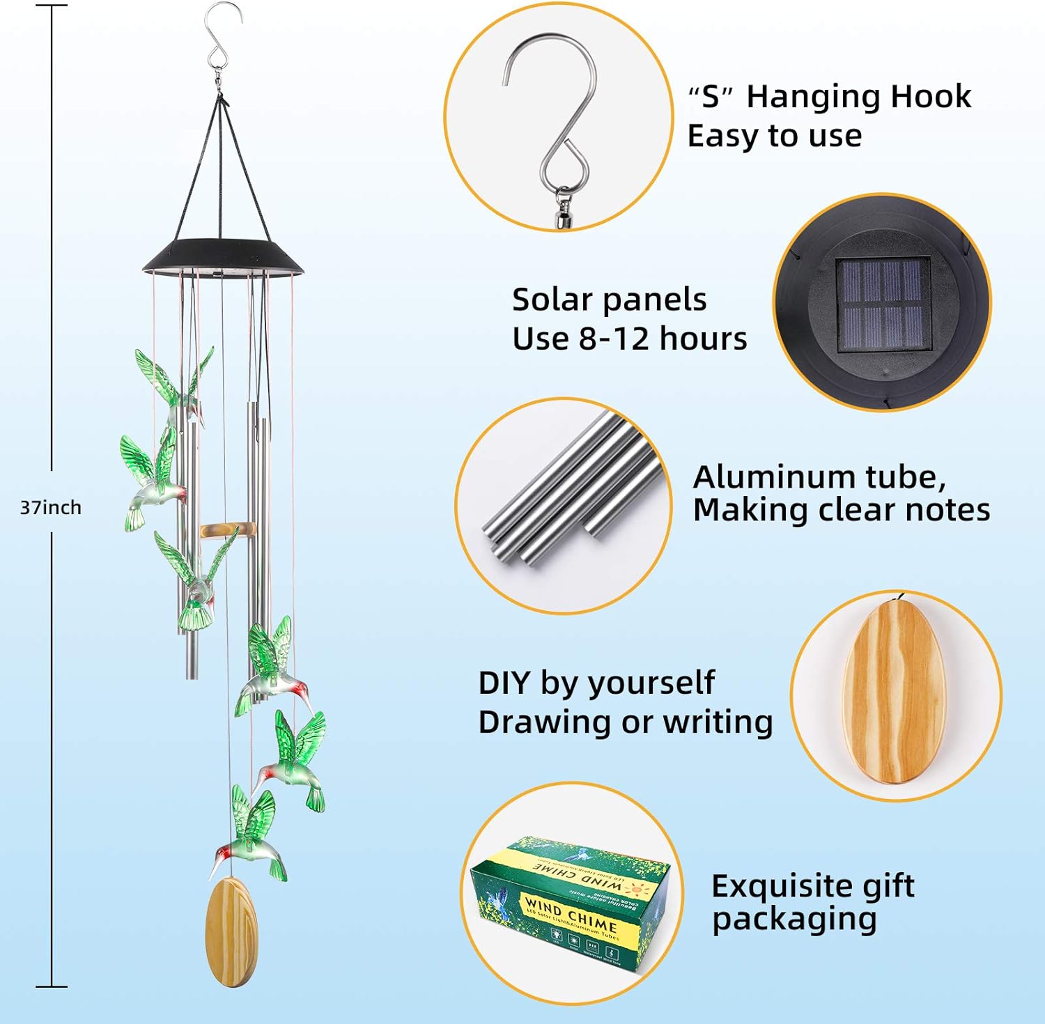DesGully Wind Chimes, Hummingbird Solar Wind Chimes for Outside, Aluminum Tubes Memorial Wind Bell for Garden/Patio Decor Thanksgiving Gifts for Mom, Wife, Grandma Neighbors(25 Inch Deep Tone) : Garden & Outdoor
