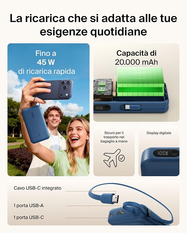 UltraCharge Power Bank 20000mAh con Cavo USB-C e Display - Blu