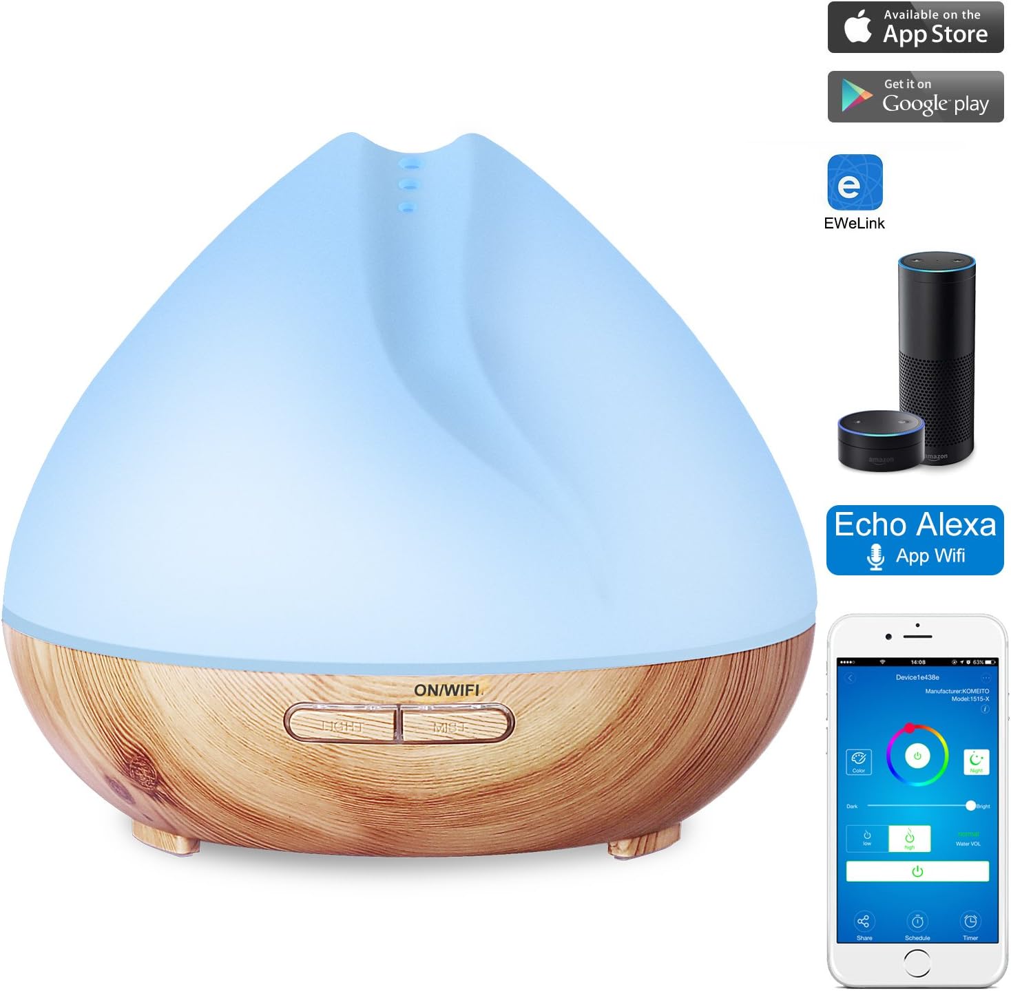 amalfor Essential Oil Diffuser Compatible with Alexa,WiFi Ultrasonic Aromatherapy Cool Mist Humidifier Works with App Remote Control for Home Office,6-8 Hours Mist Time,7 LED Color Lights,White