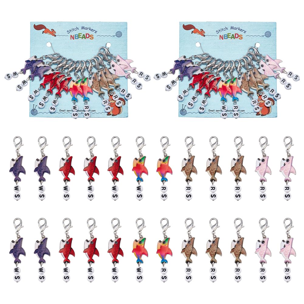 NBEADS 24 Pcs Shark Stitch Markers, Enamel Alloy Crochet Stitch Marker Charms, Removable Lobster Claw Clasps Locking for Knitting, Weaving, Sewing, Jewelry Making