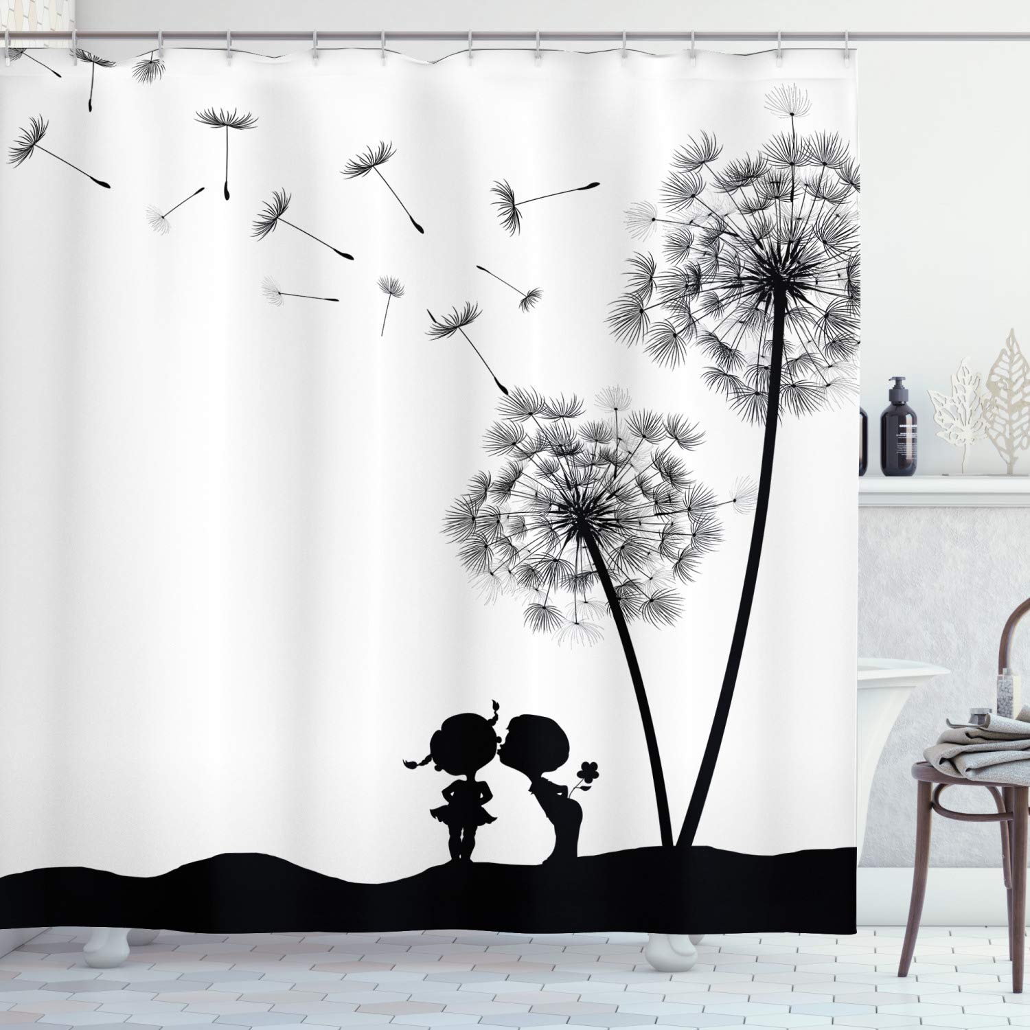 ABAKUHAUS Black and White Shower Curtain, Little Boy and Girl Silhouette Under a Dandelion Monochrome Spring, Cloth Fabric Bathroom Decor Set with Hooks, 86 Inches Extra Long, Charcoal Grey White