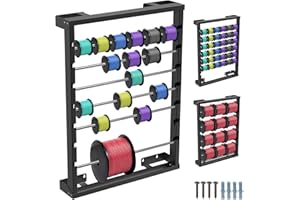 SELEWARE Heavy Duty Wall-Mounted Wire Spool Rack – Cable Reel Holder and Dispenser with 6 Adjustable Stainless Steel Rods for Industrial, Electrical, and Retail Storage and Display (Black)