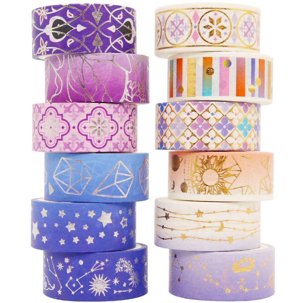 YUBBAEX Poetic Gold Washi Tape Set VSCO Floral Silver Foil Masking Tape Decorative for Arts, DIY Crafts, Bullet Journal Supplies, Planners, Scrapbook, Card/Gift Wrapping -15mm- (Purple Night 12 Rolls): Industrial & Scientific