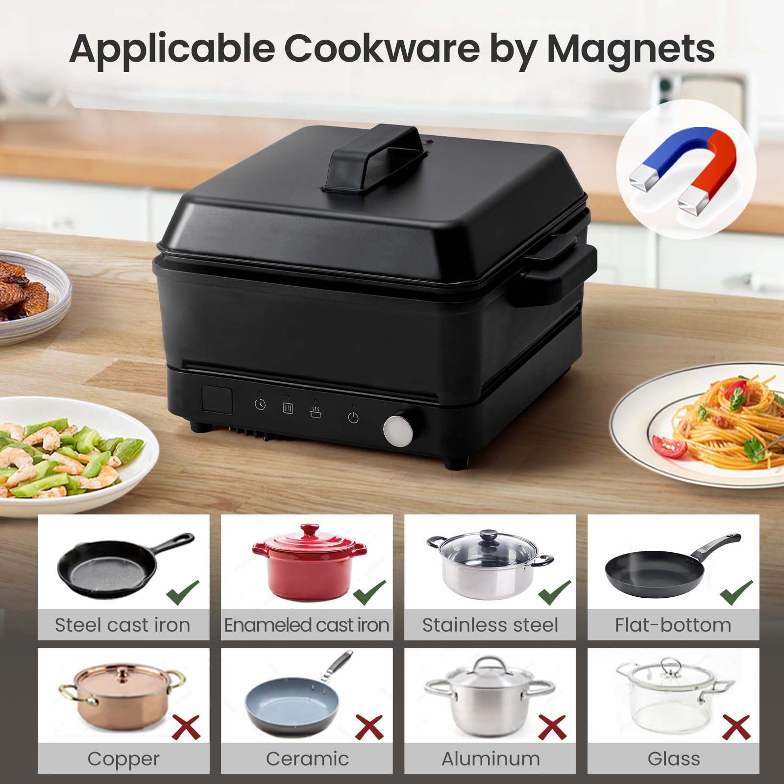 Olayks Portable Induction Cooktop 1500W with Grill Pan & Rack, Sensor Touch Hot Plate for Countertop, 6 Temp Levels, Auto Shut-Off, LED Display, Pot Detection, Electric Burner for Indoor BBQ & Cooking