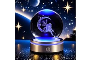QIANCHANG Fairy Moon Crystal Ball with LED Light Stand, 80mm 3D Laser Engraved Fairy Decor Glass Spere Paperweight, Crystal Fairy Figurine Gift for Women Kids Girlfriend Birthday