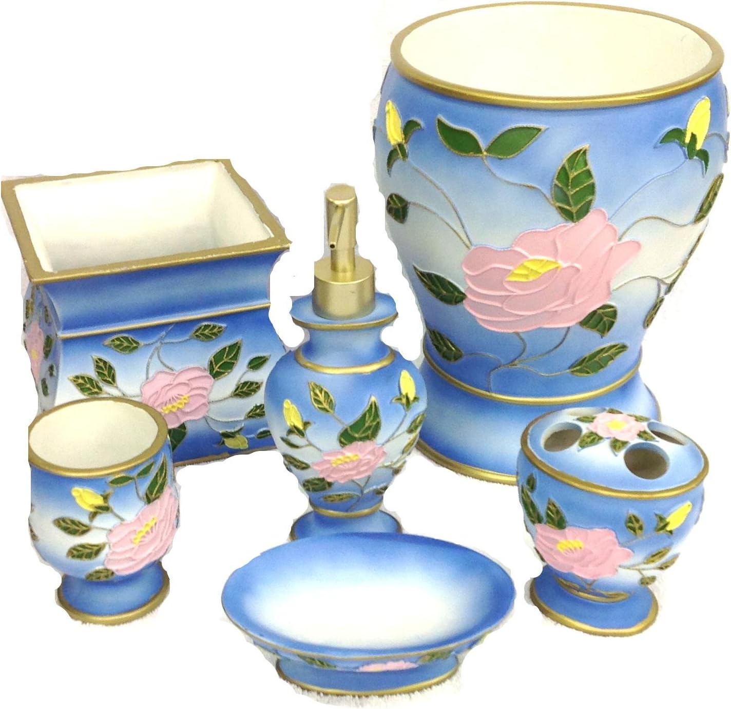 Anna Blue & White Flower Ceramic Bathroom Accessory 6-Piece Bath Set