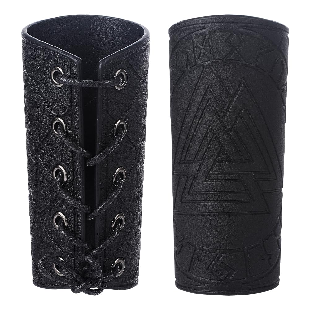 GORGECRAFT 2PCS Leather Gauntlet Wristband Medieval Armor Bracers Viking Odin Runes Valknut Embossed Leather Arm Guard Adjustable Black Armband Armor Cuff for Halloween Adult Knight Warrior Cosplay