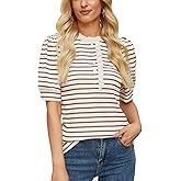 IYICLOTH Womens Half Button Down Shirts Summer Ruffle Striped Work Tops Stand Collar Short Puff Sleeve Casual Loose Blouse