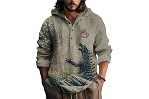 MARSVOVO Mens Japanese Art Long Sleeve Hooded Shirts Lightweight Quarter Button Hoodie Casual Cool Tops for Spring Fall