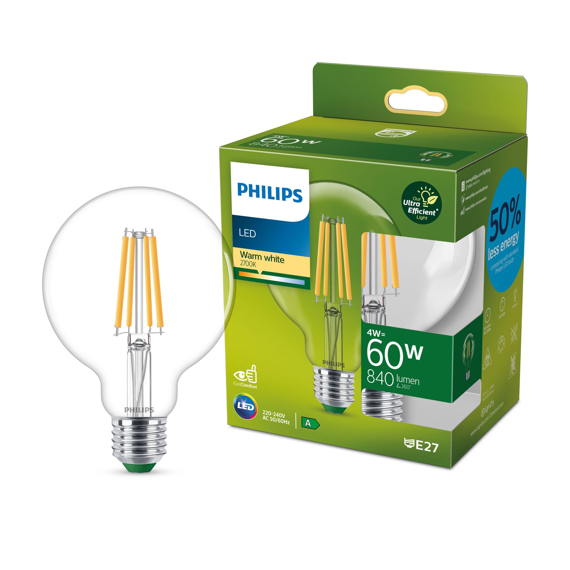 Philips Classic ultra-efficient LED bulb with energy efficiency class A, E27 base, replaces 60W, clear, warm white light, globe shape