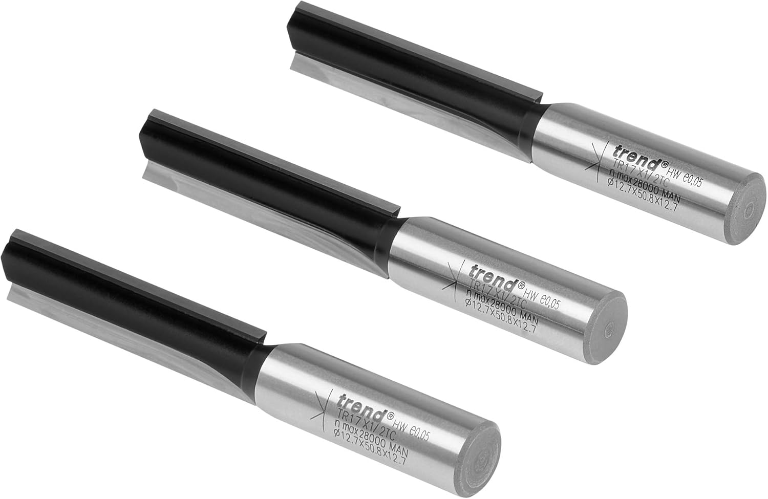 Trend Trade Straight Router Cutter 3 Pack, 1/2 Inch Shank, 12.7mm Cut Diameter & 50mm Cut Length, Tungsten Carbide Tipped, TR/PACK/2