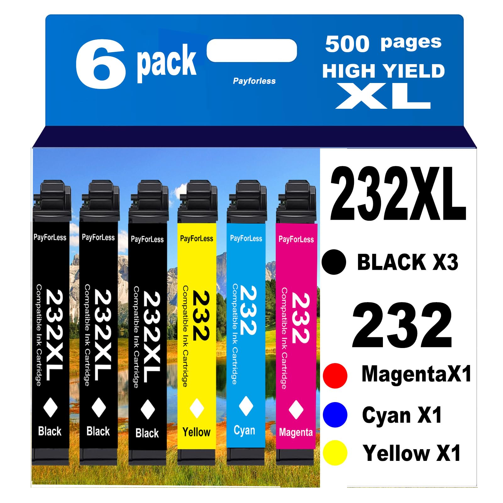 Photo 1 of 232XL Remanufactured for Epson 232XL Ink Cartridges Combo Pack 232XL T232 XL for XP-4200 XP-4205 Workforce WF-2930 WF-2950 Printer 6 Pack 3 Black 1 Cyan 1 Magenta 1 Yellow