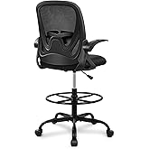 Primy Drafting Chair Tall Office Chair with Flip-up Armrests Executive Ergonomic Computer Standing Desk Chair with Lumbar Support and Adjustable Footrest Ring (Black)