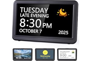 Raynic Date Clock, Digital Calendar Clock with 12 Themes, 20 Alarms, 20 Reminders, Semi-Automatic Dimming, 12/24 Hours, Auto DST for Desktop, Office, Students (Black, 7 Inches)