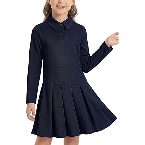 Noomelfish Girls Long Sleeve Polo Dress School Uniform Pleated Dresses (5-12 Years)