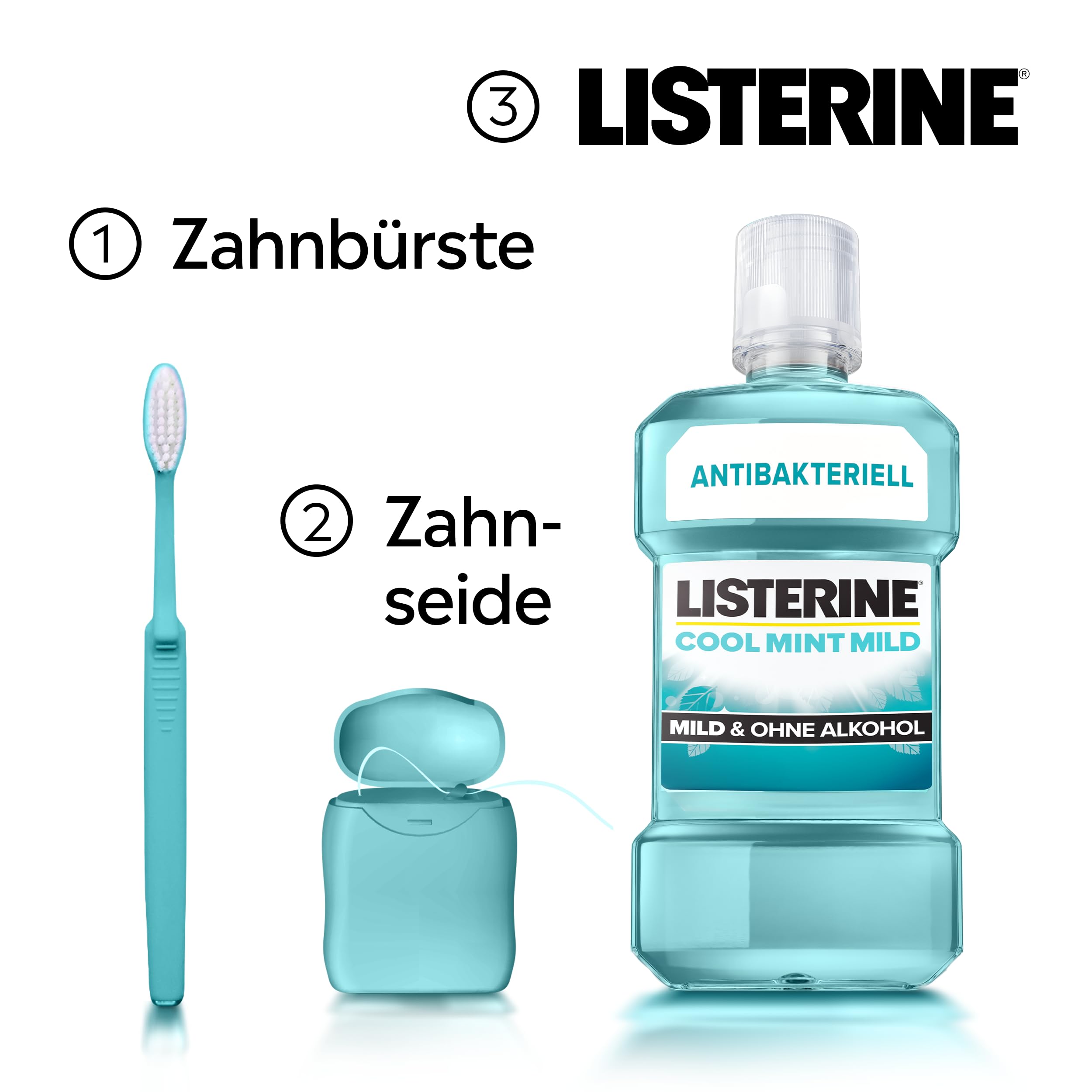 LISTERINE Cool Mint Mild 500 ml, antibakterielle Mundspülung mit ätherischen Ölen und ohne Alkohol, mildes Mundwasser bekämpft wirksam Bakterien, optimale Ergänzung zur täglichen Zahnpflege 5