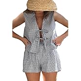 Seyurigaoka Women 2 Piece Gingham Lounge Sets Y2k Tie Front Vest Top Plaid Boxer Shorts Matching Pj 2pcs Pajamas Sets