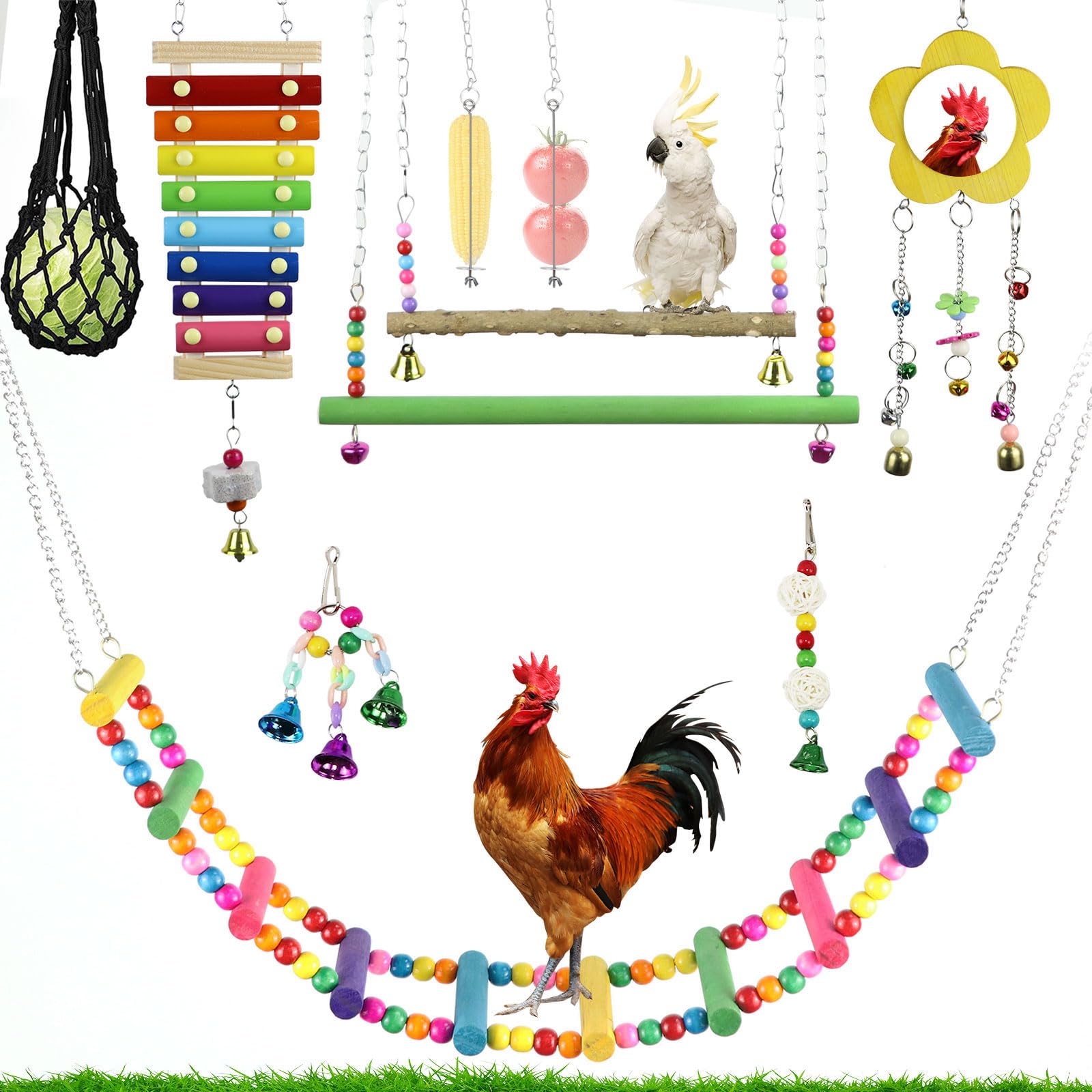 mumisuto 10 Pieces Chicken Toys for Coop Accessories, Chicken Swing Toys Chicken Coop Swing Flexible Ladder String Bag Vegetable Skewer String Feeder for Hens Parrot Bird