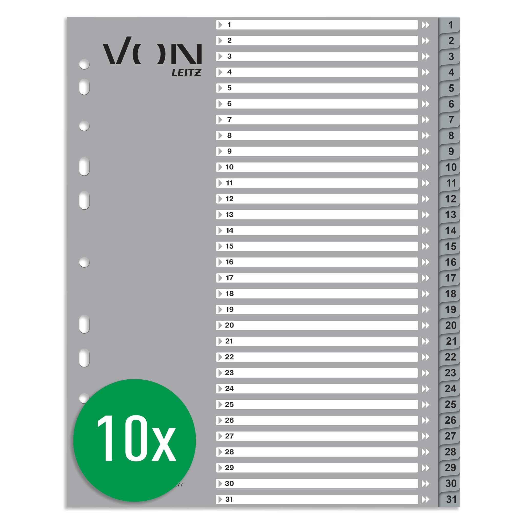 VON Leitz 12770085 A4 Numbered Dividers for Folders, Polypropylene, Extra Wide, 11-Hole Universal Index for File Folders and Ring Binders, Grey