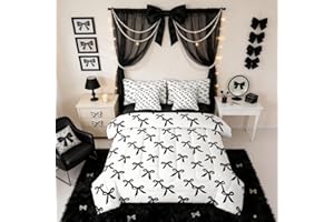 Erosebridal Black Bow Knot Comforter Set for Kids Girls Bowtie Preppy Princess Bed in A Bag Full Size 7 Pieces Coquette Bowkn