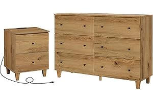 WAMPAT Dresser and Nightstand Set of 2, 47.2 Inches Wood Dresser with 6 Drawers, 1 Piece Nightstand with Drawers and Charging Station, Bedroom Furniture Set, Oak Brown