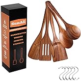 SumAll 5 PCs Teak Wooden Utensil Set with Hooks, Wooden Spoons for Cooking, Wood Cooking Utensils Set, Comfort Grip, Non Stick Cookware, Easy to Clean, Kitchen Stuff, Wood Spatula