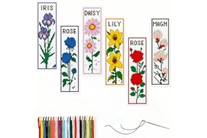 ANIANIZ 6pcs Pre-Printed Cross Stitch Bookmarks Kits for Adults & Beginners Flowers Iris, Rose, Daisy and Lily, 11ct DIY Stam